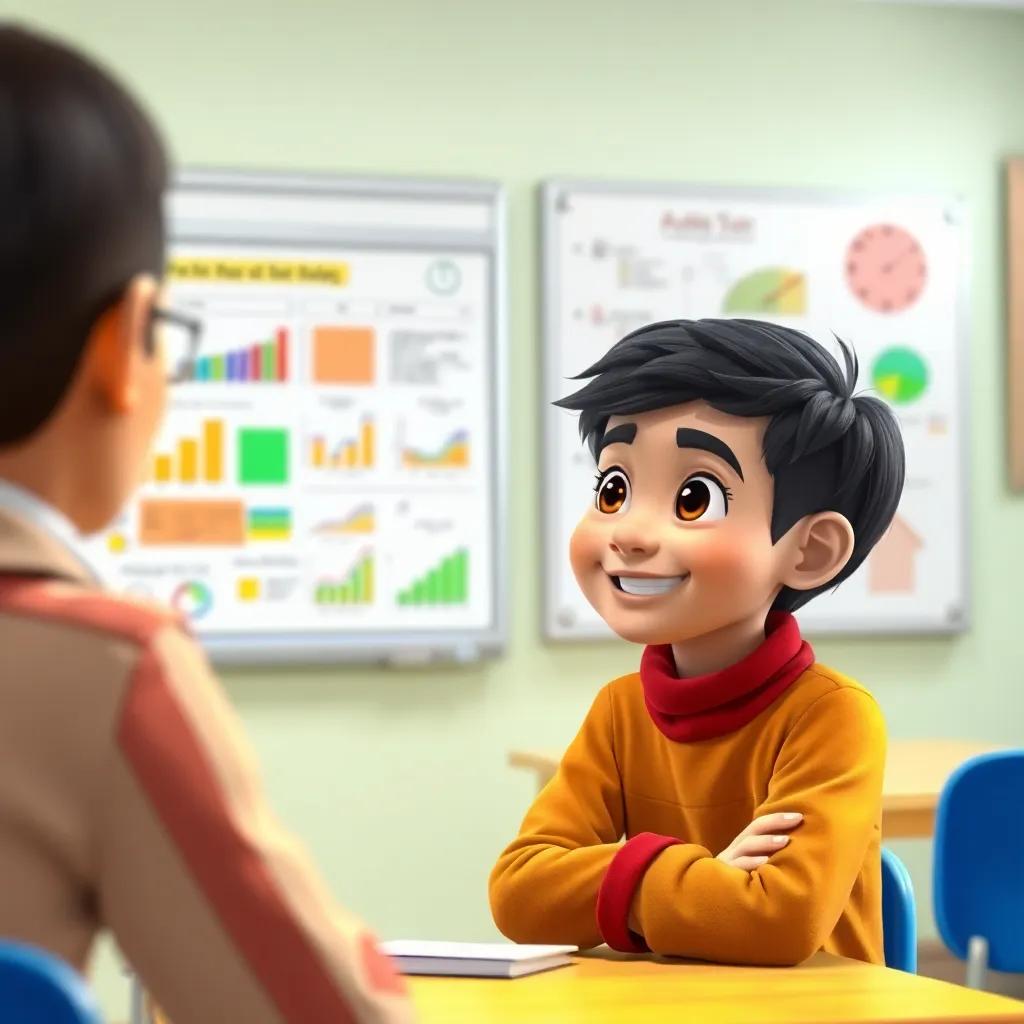 Ali, a young Arab boy with short black hair, talking to his teacher in a classroom, with a whiteboard full of colorful charts, smiling and engaged, classroom setting, vibrant colors, friendly environment
