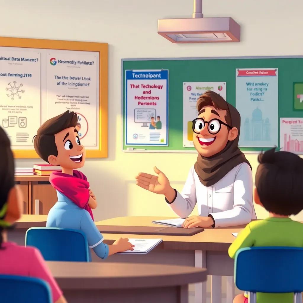 A cheerful classroom scene with Ali asking questions, his teacher explaining with a smile, posters of technology and governance in the background, educational, lively setting, warm light