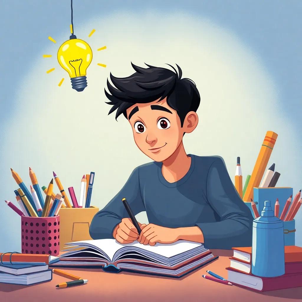 Ali, with short black hair, writing in his notebook, surrounded by school supplies, a light bulb above his head symbolizing a great idea, illustration, imaginative, inspiring