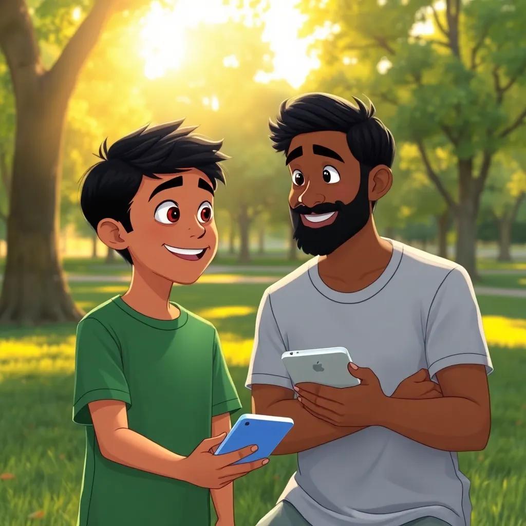A boy named Hassan sharing his experience with Ali in a park, both looking excited as they discuss technology, warm sunlight filtering through trees, friendly atmosphere, illustration, engaging