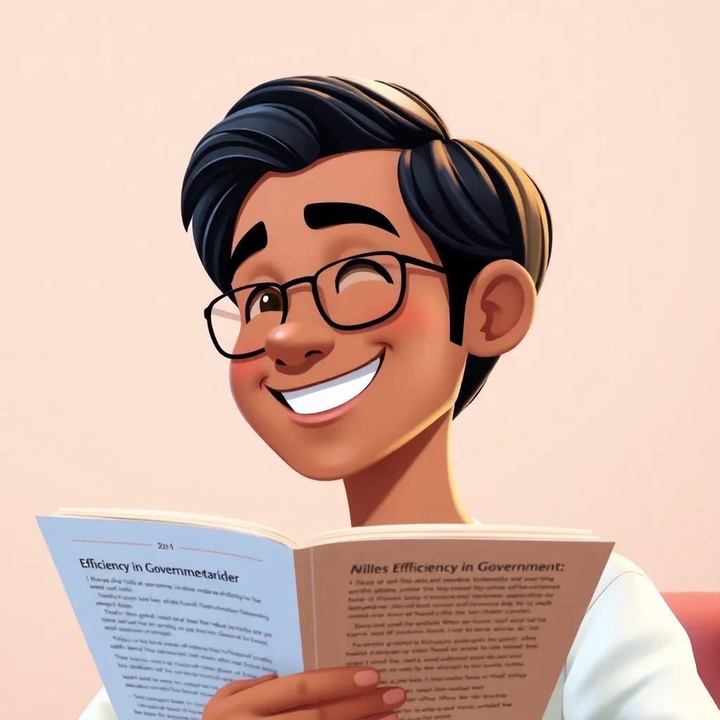 Ali, with short black hair, smiling as he reads about efficiency in government, smooth lines, bright colors, optimistic mood