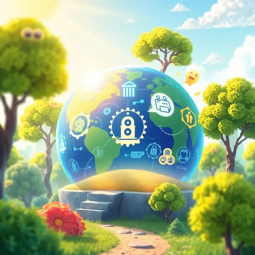 An illustration of a digital world with symbols of transparency, efficiency, and governance, surrounded by trees and sunshine, vibrant colors, imaginative, uplifting