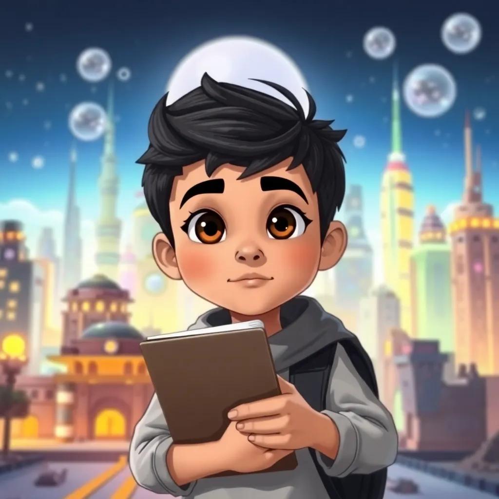 Ali, a young Arab boy with short black hair, looking determined with a notebook in hand, standing in front of a futuristic city, excitement in his eyes, illustration, colorful, adventurous