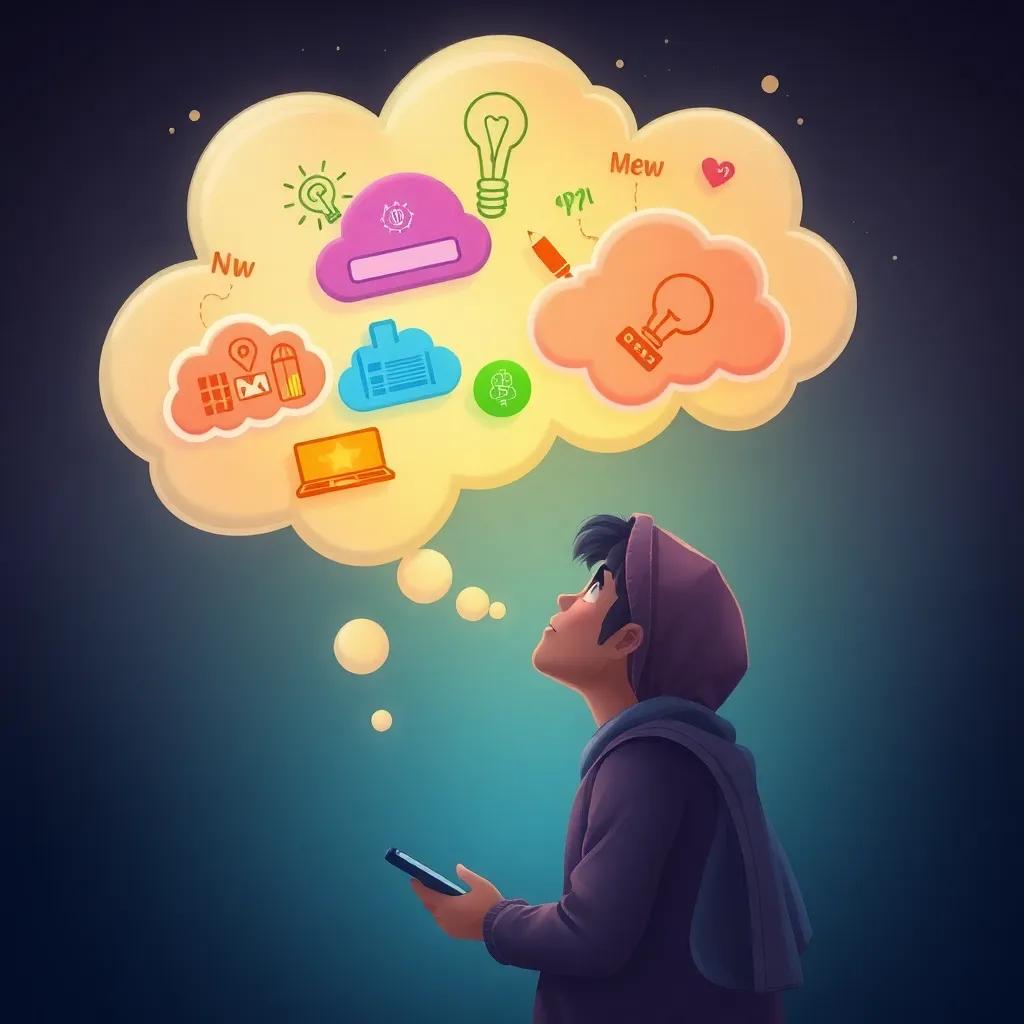 Ali, dreaming about fighting corruption with technology, thoughts shown as colorful cloud bubbles with ideas, whimsical style, vibrant colors, imaginative