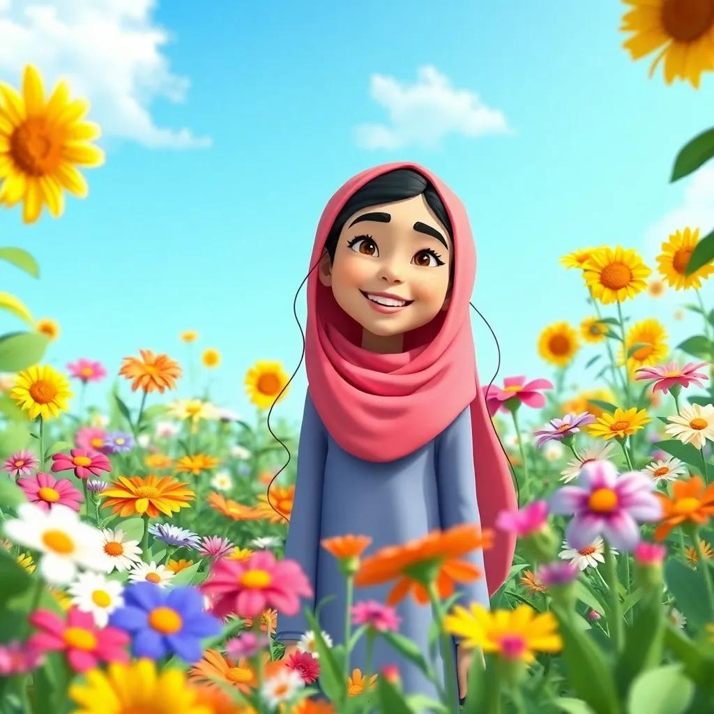A beautiful garden filled with various colorful flowers, with a young Arab girl, Maryam, smiling and talking to her friends under a bright blue sky, cheerful atmosphere, vibrant colors, happy expressions, digital art, high quality.