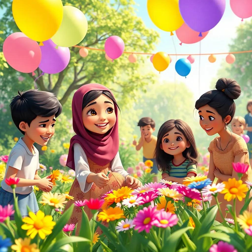 A magical garden party scene with Maryam, a young Arab girl, organizing flowers with her friends around, everyone having fun, colorful balloons floating, sunny day, joyful expressions, bright colors, cheerful ambiance, digital art, high quality.