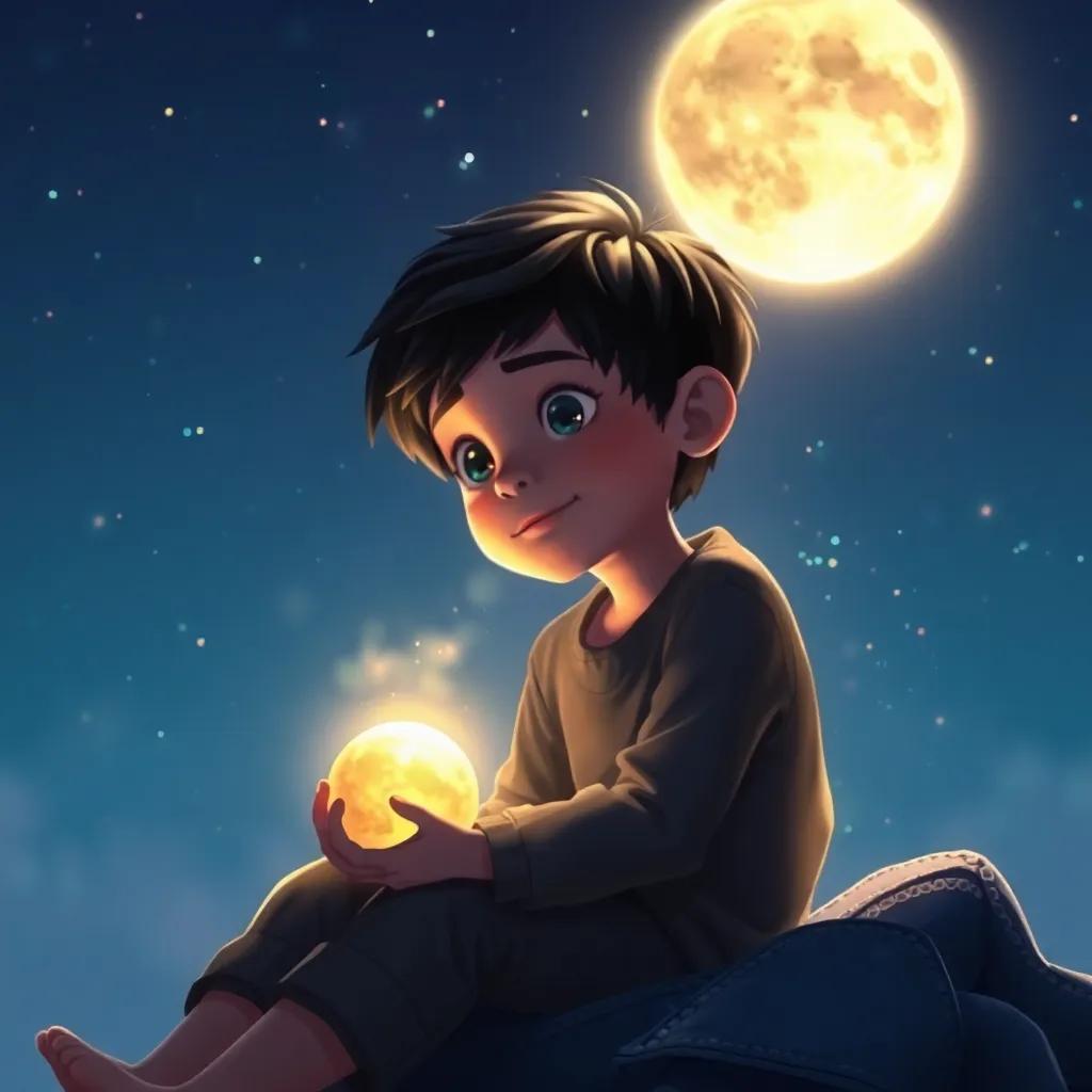 A young boy, Rami, with short black hair and bright eyes, sitting under a moonlit sky, whispering to a glowing dream, magical atmosphere, digital art, serene colors, inviting energy, high quality