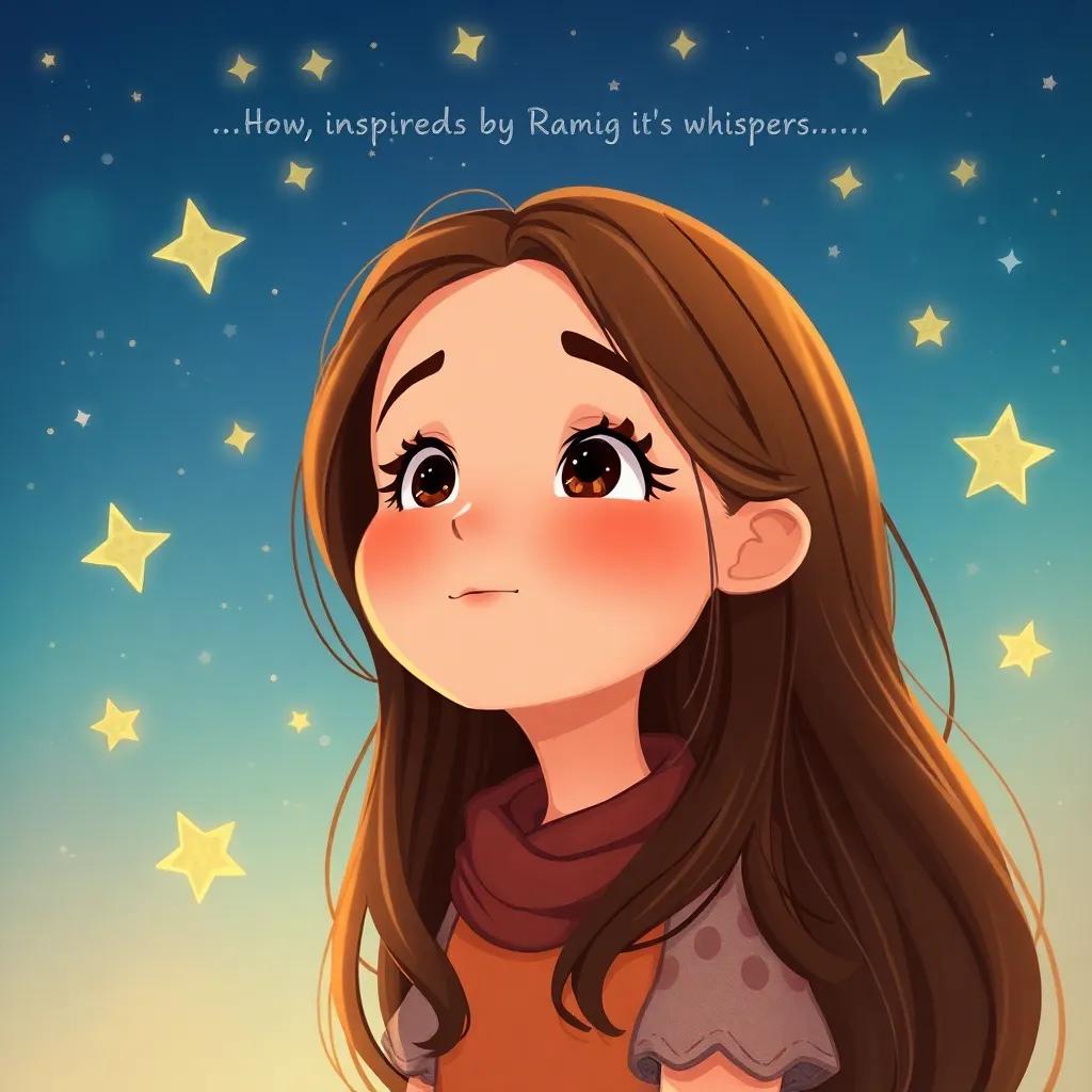 A girl, Layla, with long brown hair and a dreamy expression, inspired by Rami's whispers, surrounded by stars and sparkles, illustration, hopeful, enchanting, child-friendly