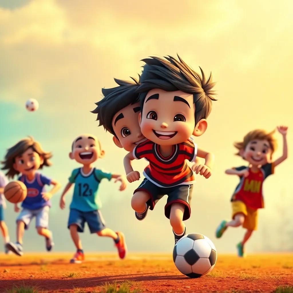 A joyful scene of Rami and his friends, playing sports and sharing their dreams, vibrant colors, warm light, happiness, togetherness, high quality