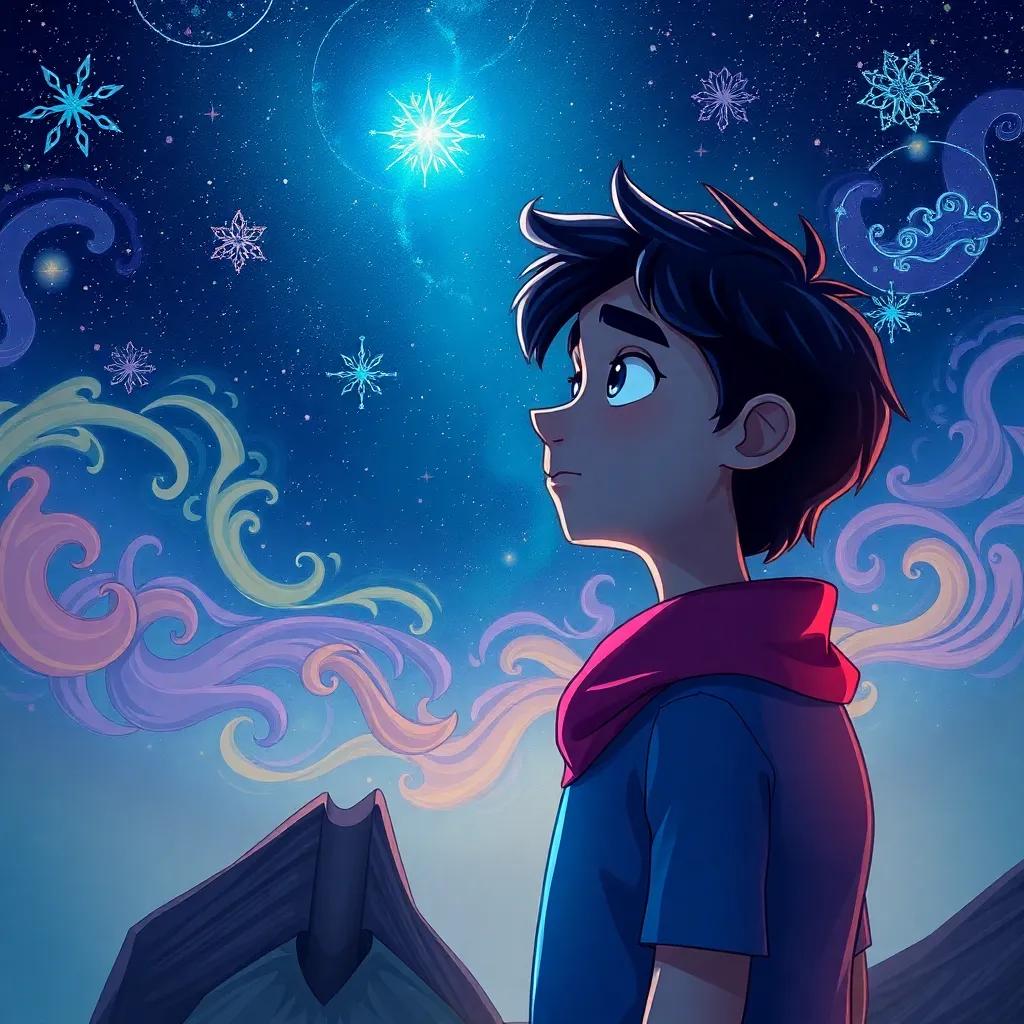 Rami looking pensive, under a starry sky, reflecting on his own dream, surrounded by swirling colors and dream symbols, fantasy illustration, deep colors, creativity, high quality
