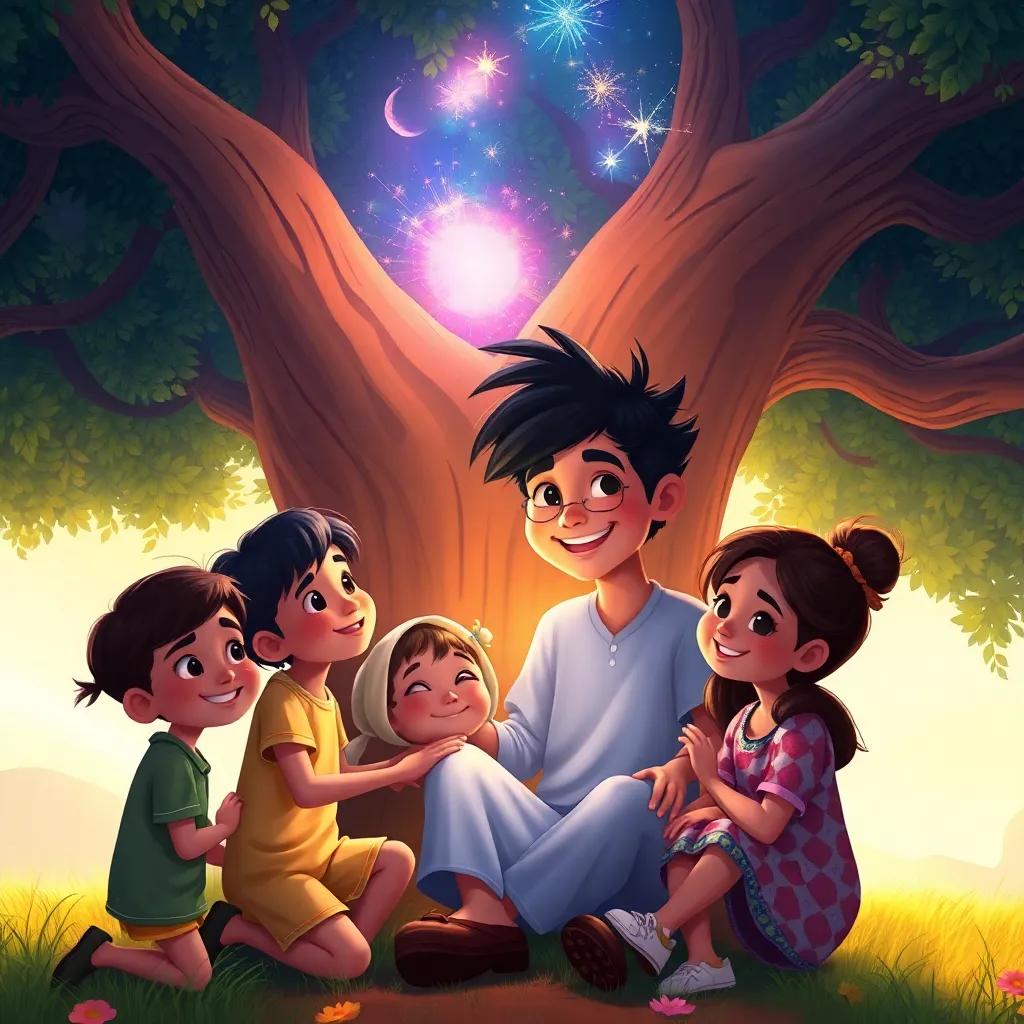 Rami helping a group of children share their dreams under a big tree, all smiling, vibrant and warm colors, community spirit, uplifting imagery, high quality