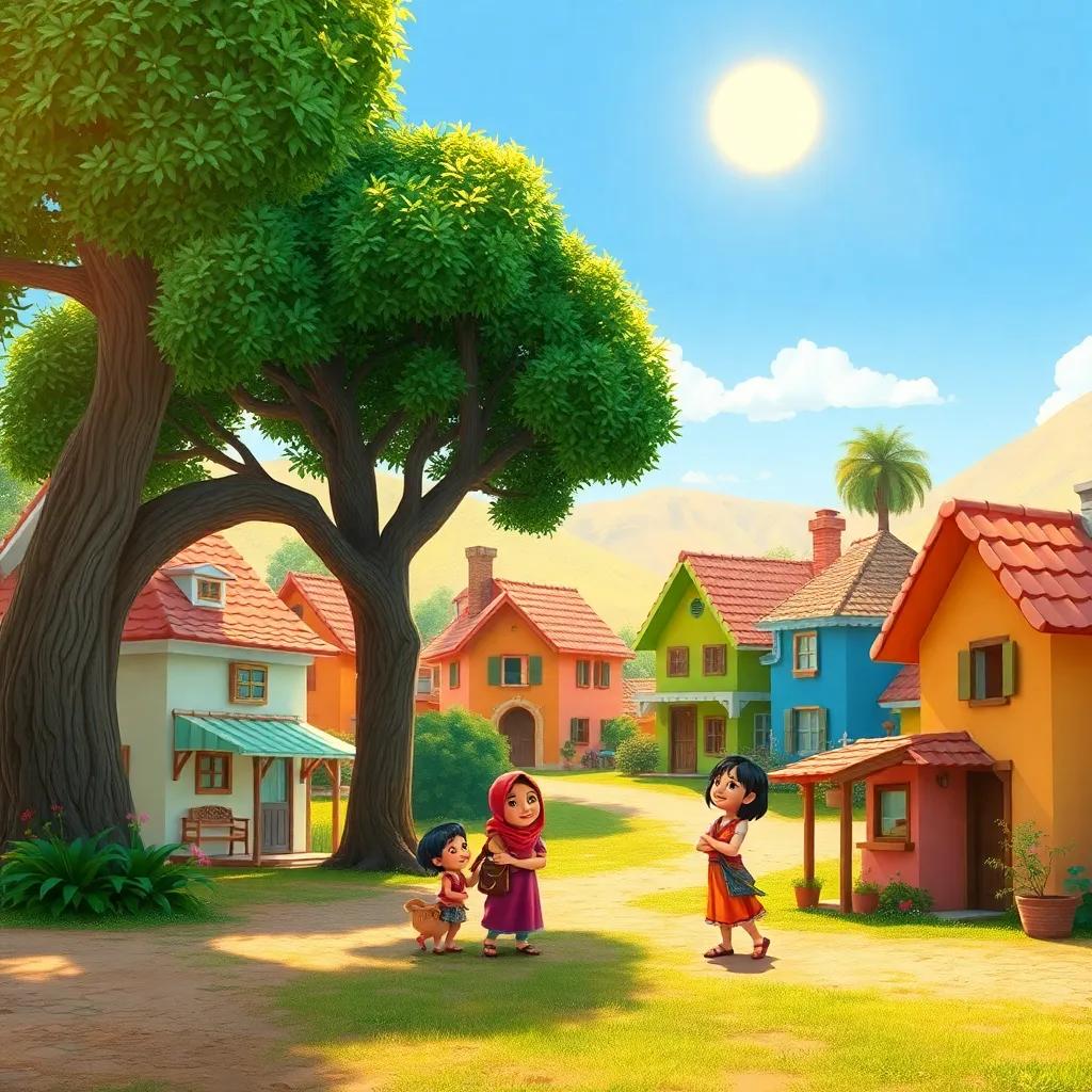 A small village with colorful houses, children playing under a big tree, Leila smiling and talking, sunlight shining brightly, cheerful atmosphere, digital art, warm colors, inviting feel, high quality
