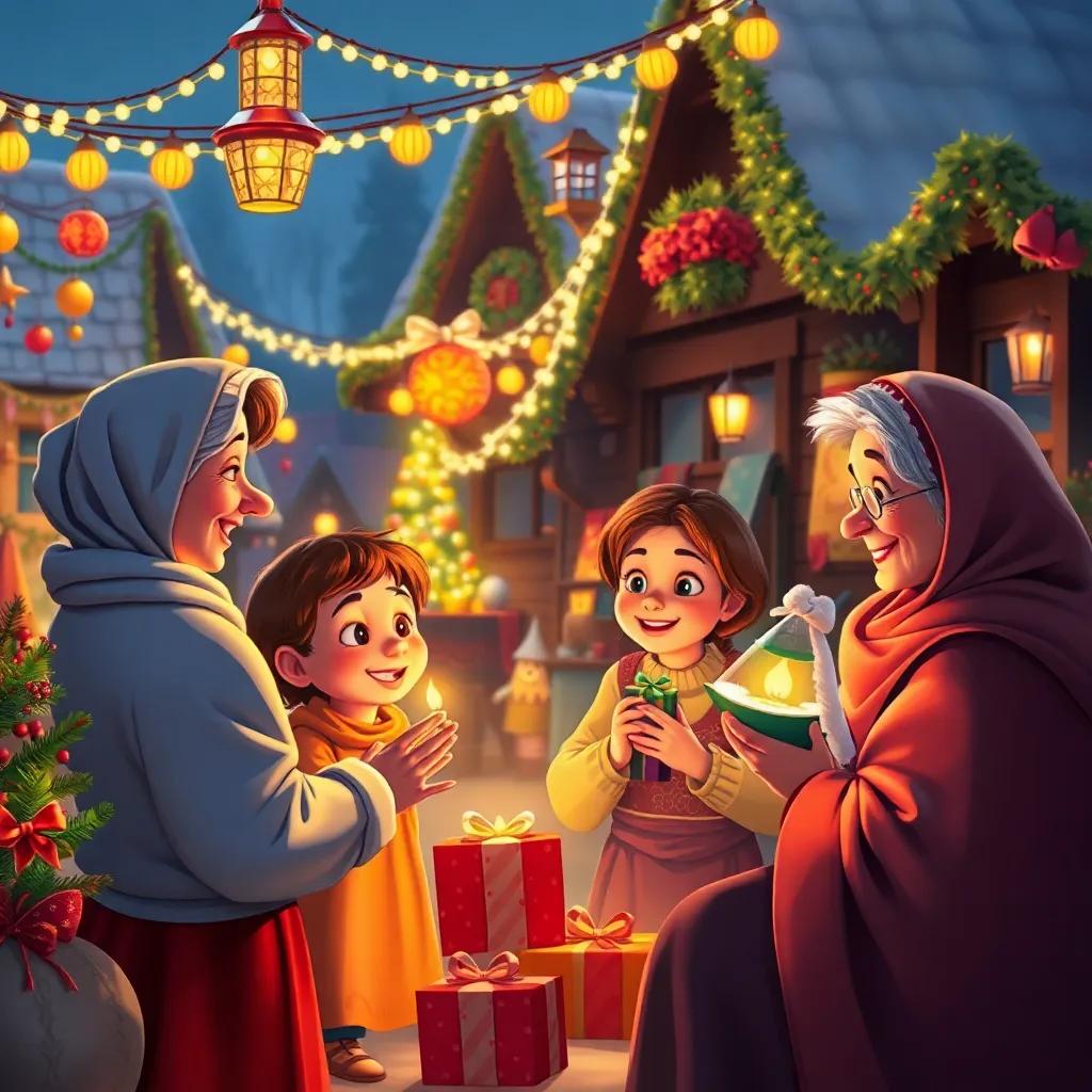 A festive celebration in the village, children giving gifts, elderly women telling stories, joyful decorations and lights, vibrant colors, heartwarming scene, high quality