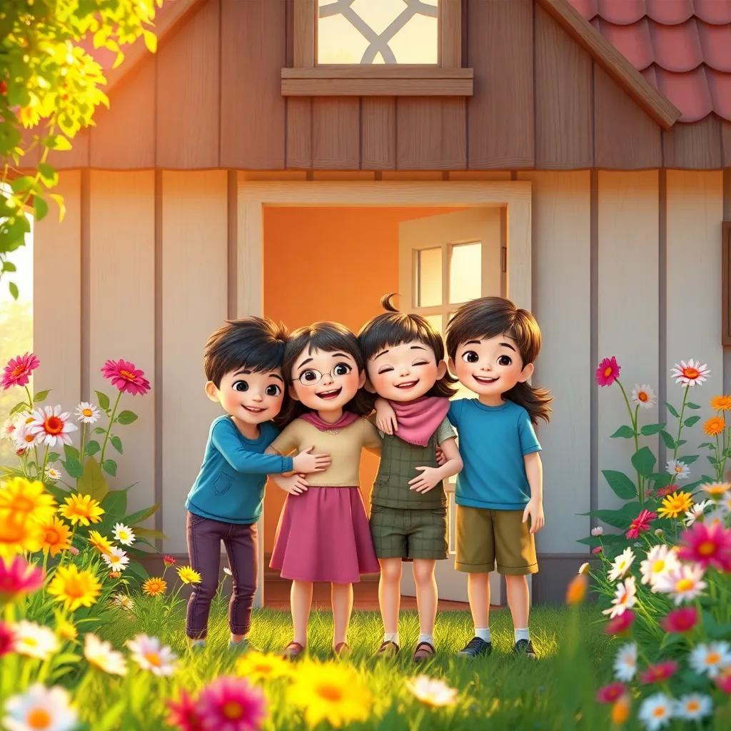 Four siblings in a colorful countryside setting, their house full of flowers and sunlight, joyful expressions, embracing each other, digital art, bright and vibrant, warm atmosphere, high quality
