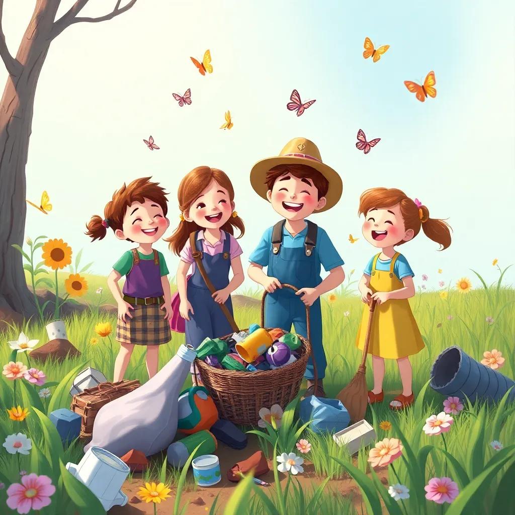 Four siblings helping a sad farmer in a messy field, collecting trash together, laughing and singing, butterflies surrounding them, digital painting, cheerful, heartwarming, bright colors