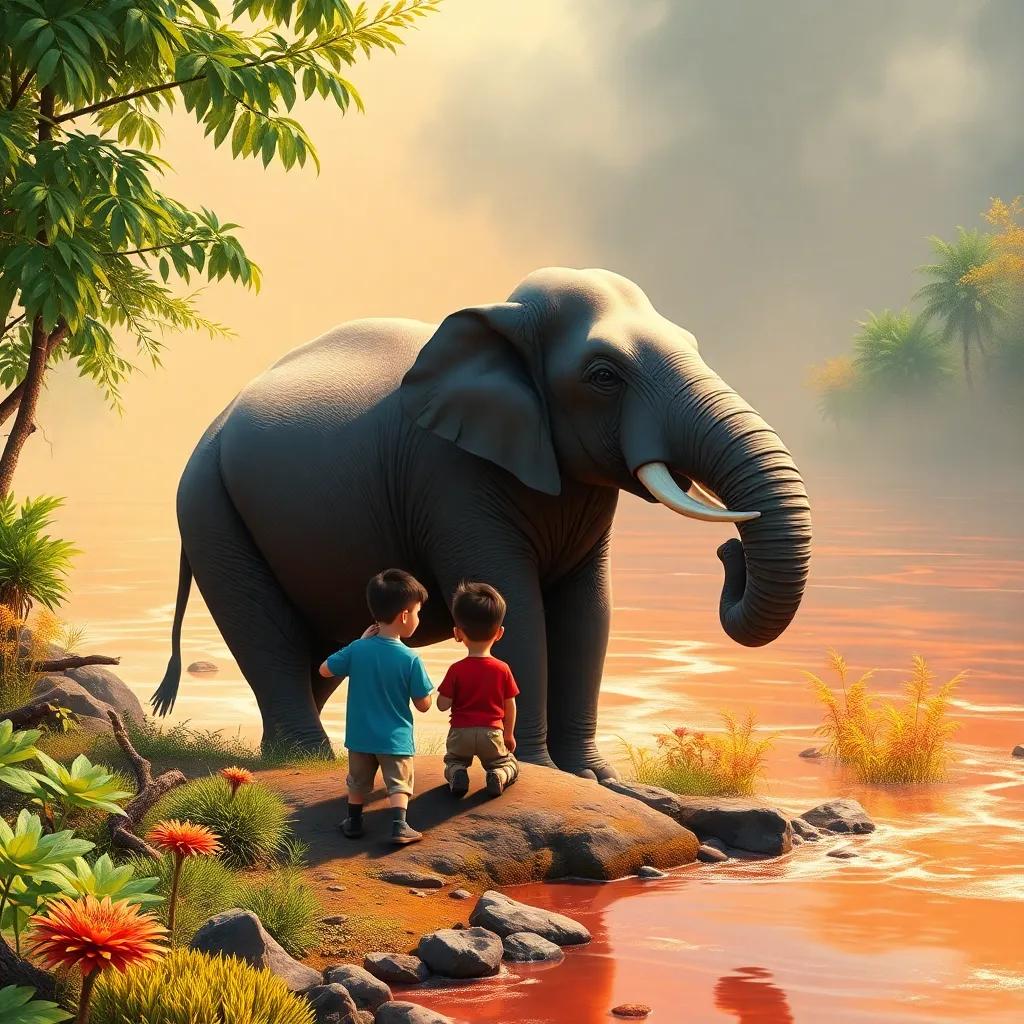 A hot river that looks like it's boiling, siblings brainstorming at the riverbank with colorful plants around them, majestic elephant assisting them in building a bridge, digital art, dynamic and engaging, warm colors