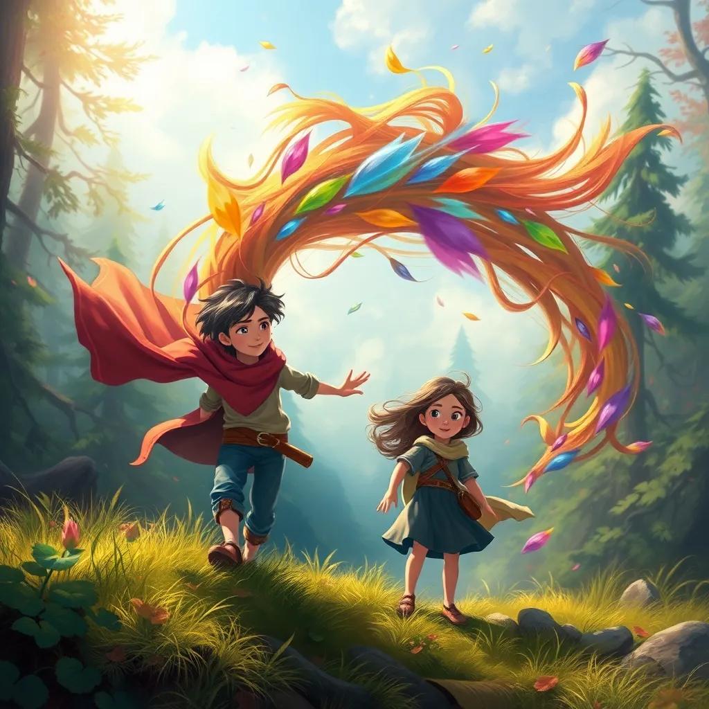 A strong wind swirling around the siblings in a mystical forest, with colorful emotions expressed through the wind, siblings determined and brave, digital painting, lively and vibrant, high quality