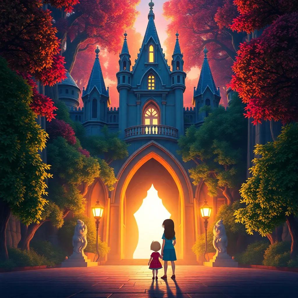 The magnificent entrance of a magical castle filled with lush trees, siblings standing confidently in front, illuminated by warm light, embracing each other, beautiful, enchanting, high quality
