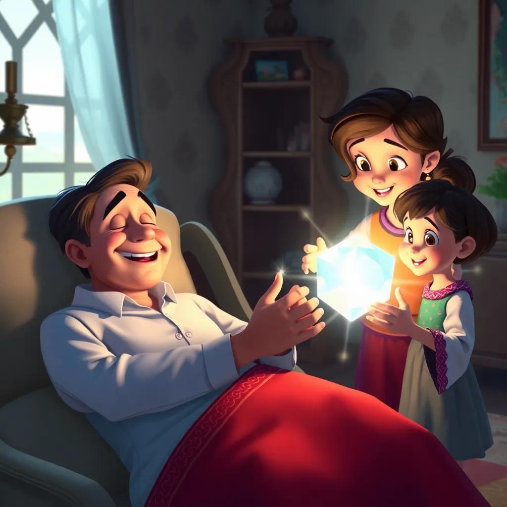 The father lying in a beautiful room, smiling weakly, siblings presenting the glowing gem, light bursting from the gem, magic and warmth all around, digital art, heartwarming scene, high quality