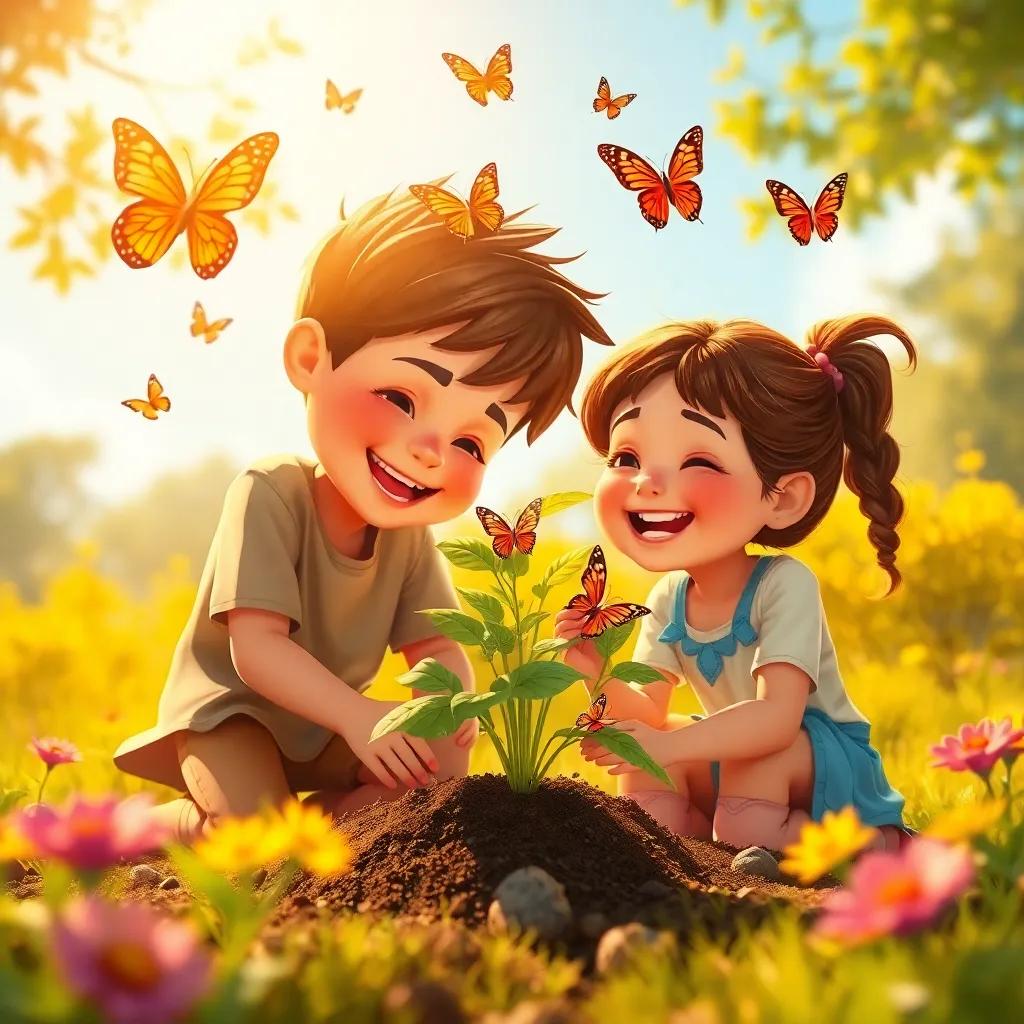 A heartwarming scene showing siblings planting trees together in the sunlight, butterflies flying around them, smiles and laughter, vibrant colors, high detail, joyful
