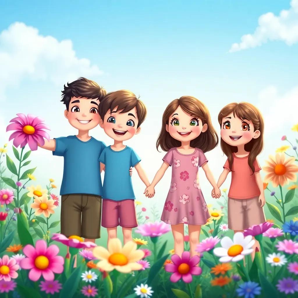 The four siblings in nature, surrounded by beautiful flowers, holding hands and smiling, symbolizing hope and nature's healing, colorful, joyful, high quality