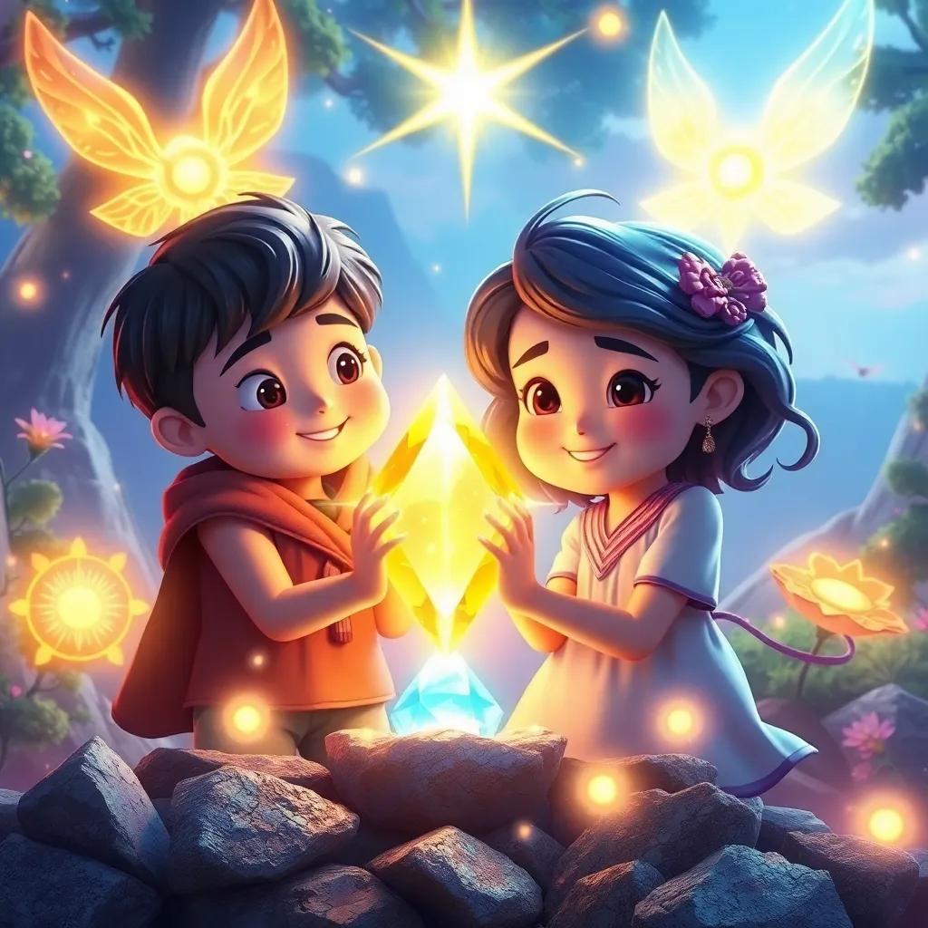 The siblings with the gem glowing brightly, surrounded by symbols of nature's beauty and hope, magical atmosphere, bright colors, dynamic scenery, high quality.
