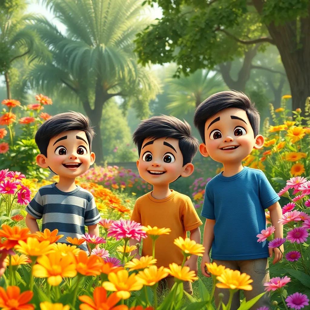 Three boys in a sunny garden, exploring colorful flowers and tall trees, Hassan with a bright smile, Hussein looking excited, Jawad with a curious expression, digital art, vibrant colors, cheerful ambiance, high quality