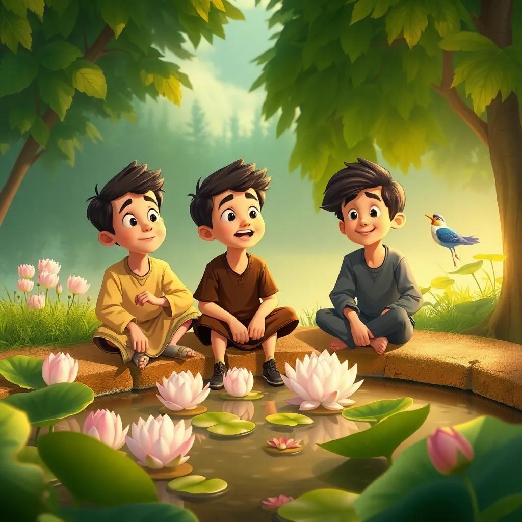 The boys sitting by a small pond with lotus flowers, Hassan looking amazed, Hussein proud, Jawad listening to a singing bird, surrounded by lush greenery, illustration, captivating scene, warm light, charming atmosphere, high quality