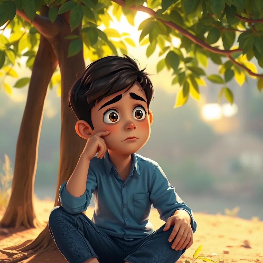 Sami, a young Arab boy, with short dark hair, wearing a blue shirt and jeans, sitting under a tree thinking with a sad expression, sunlight filtering through leaves, digital art, warm colors, reflecting emotions, high quality