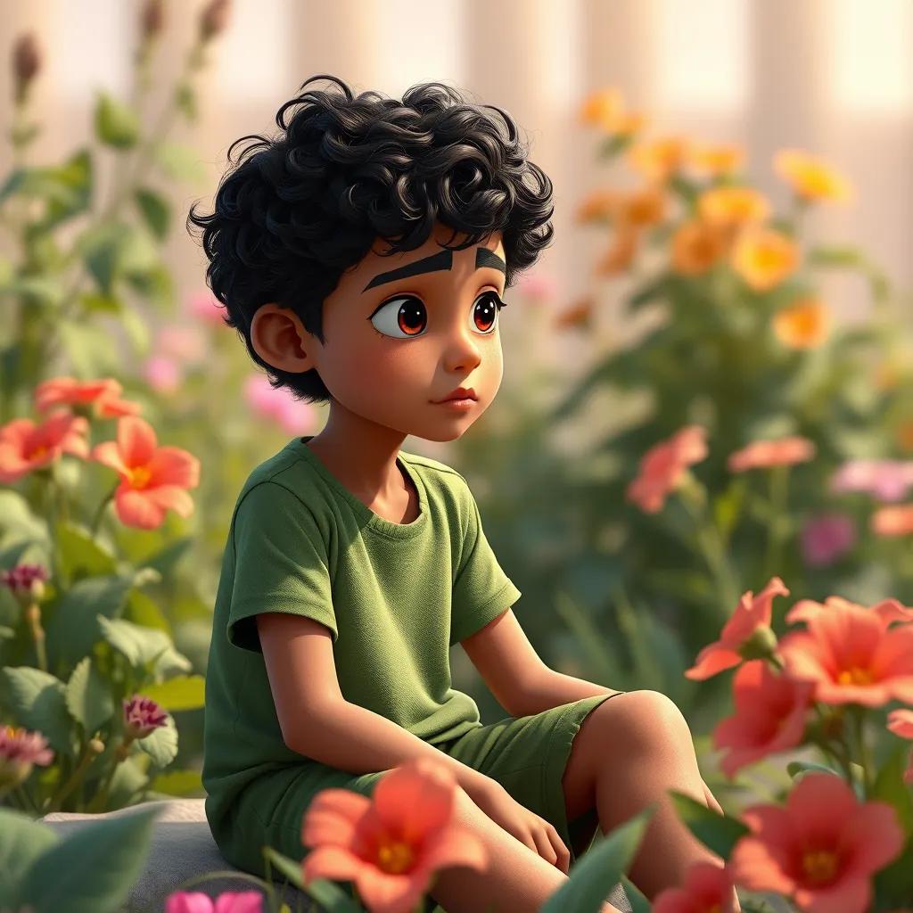 Ali, a young Arab boy, with curly dark hair, wearing a green t-shirt and shorts, sitting in a garden looking thoughtful and sad, surrounded by flowers, digital art, bright colors, peaceful atmosphere, high quality