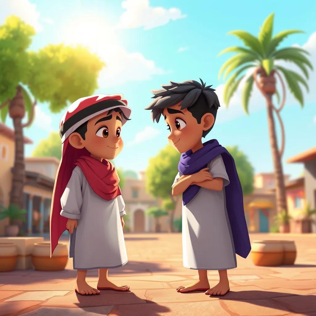 Sami and Ali, two young Arab boys, standing shyly in a village square, looking at each other with hopeful expressions, surrounded by trees and a sunny sky, digital art, colorful, heartwarming scene, high quality