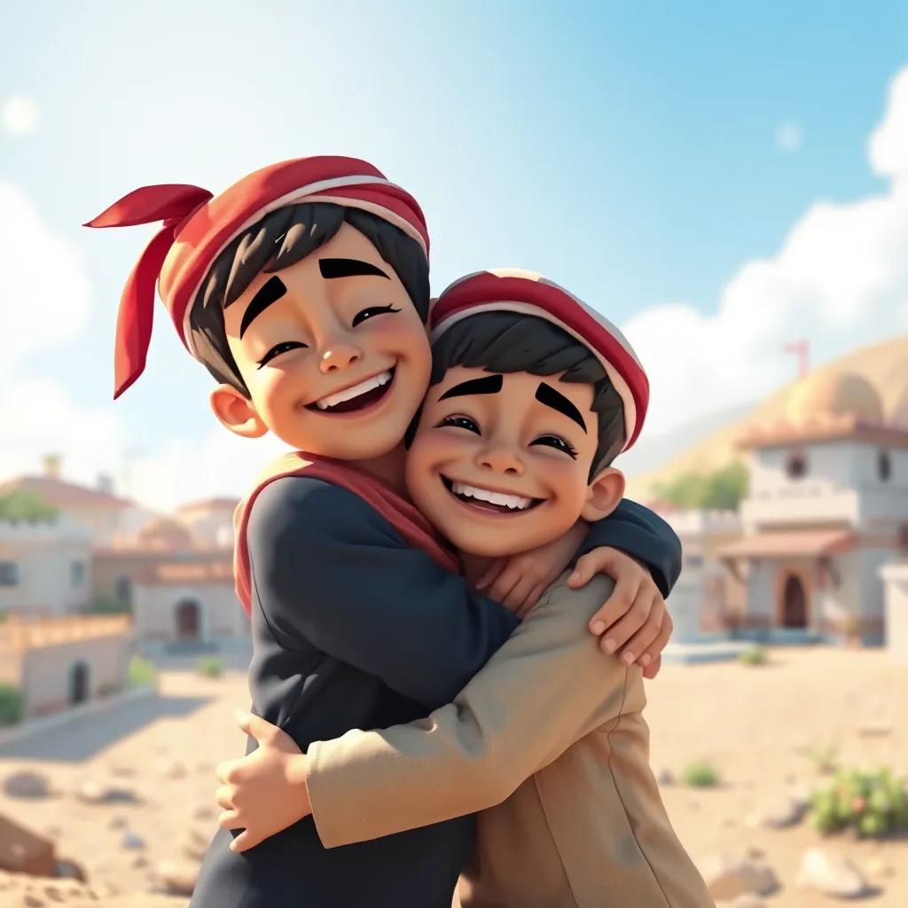Sami and Ali, two young Arab boys, hugging each other in joy, with bright smiles on their faces, sunlight shining on them, village in the background, digital art, vibrant colors, uplifting moment, high quality