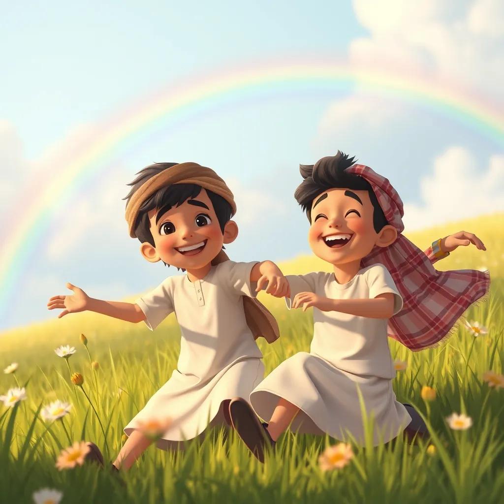 Sami and Ali, two young Arab boys, playing together happily in the meadow, with a rainbow in the background, celebrating their friendship, digital art, cheerful colors, joyful atmosphere, high quality