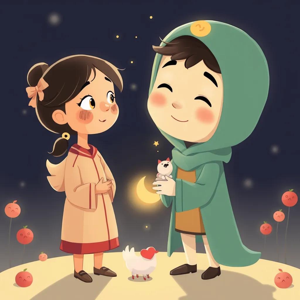 علي وحسن يتعانقان بابتسامة، كريم يقف بجانبهما يبتسم بسعادة، أشجار وحديقة خلفية، ألوان زاهية ومعبرة, heartwarming illustration