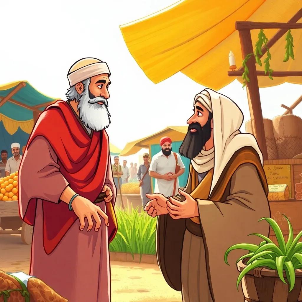 A kind and wise man, Imam Al-Kadhim, speaking gently with an angry farmer, in a sunny marketplace, vibrant colors, inviting atmosphere, high detail