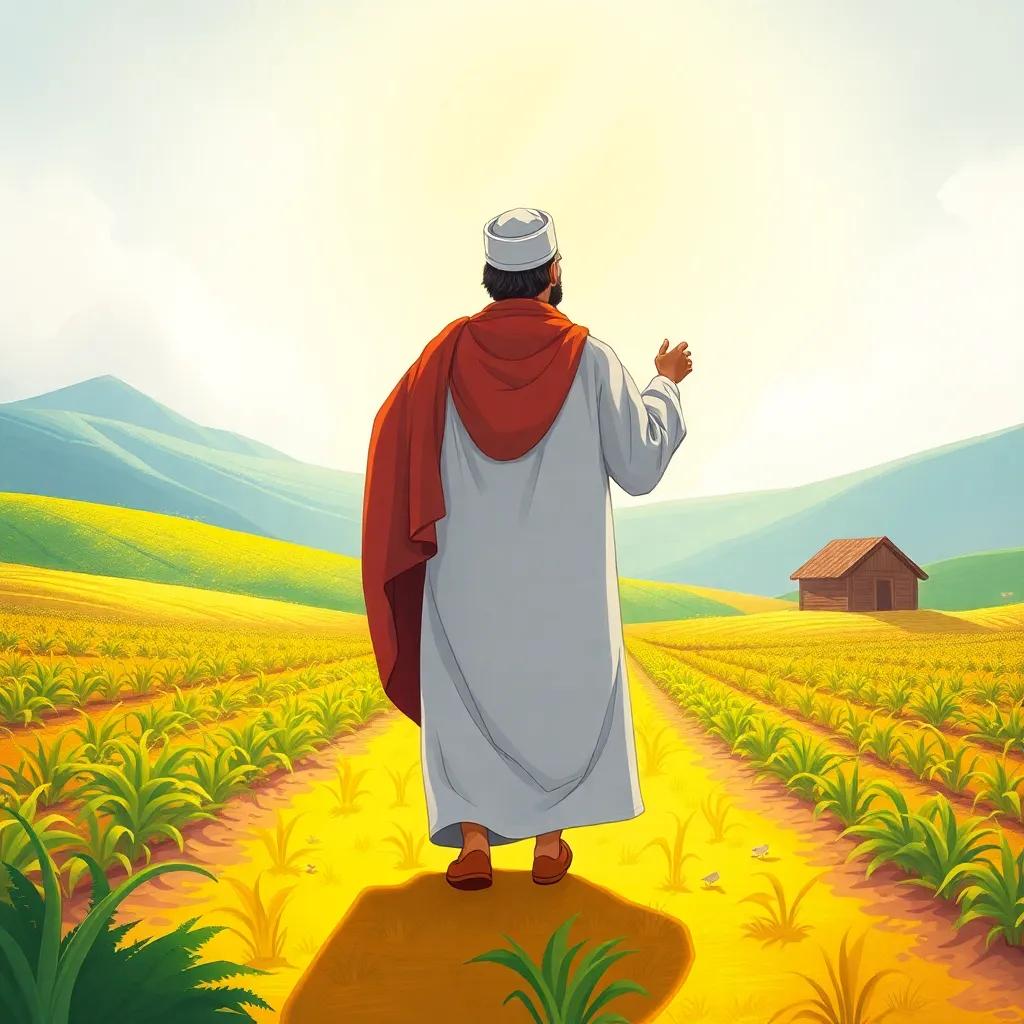 The Imam Al-Kadhim approaching the farmer's field, a serene landscape with crops, inviting imagery, warm sunlight, high quality