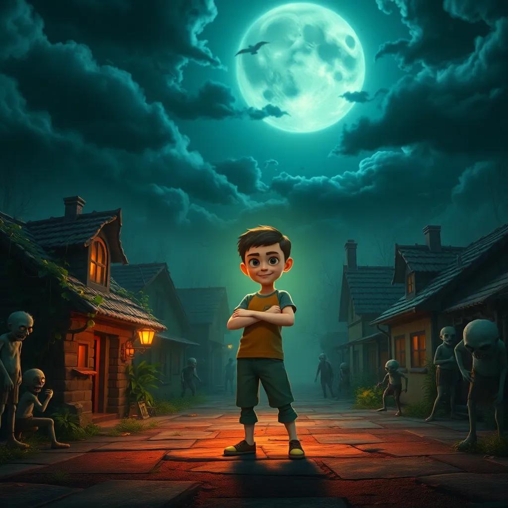 A small village under a night sky, dark and eerie, houses with overgrown plants, zombies wandering in the streets, a glowing figure of a young boy, Ali, standing bravely with determined expression, digital art, spooky atmosphere, high quality