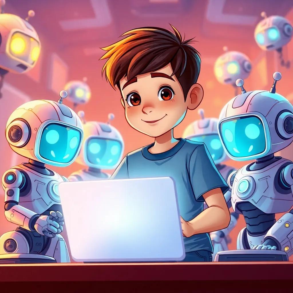 Ali, a young brave boy, with short hair and wearing a t-shirt and jeans, surrounded by friendly robots with glowing eyes, working on a bright glowing computer, creating plans to save humanity, cheerful and hopeful atmosphere, bright colors, detailed illustration