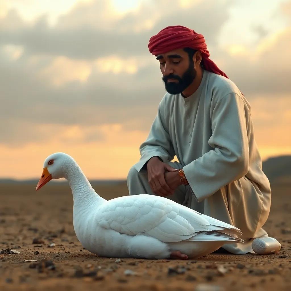 A sad farmer, a Middle Eastern man in his 40s, wearing a traditional white dishdasha and a red keffiyeh, kneeling beside the lifeless goose with a broken heart, underneath a cloudy sky, emotion-filled scene, soft light, muted colors, poignant and storytelling, high quality