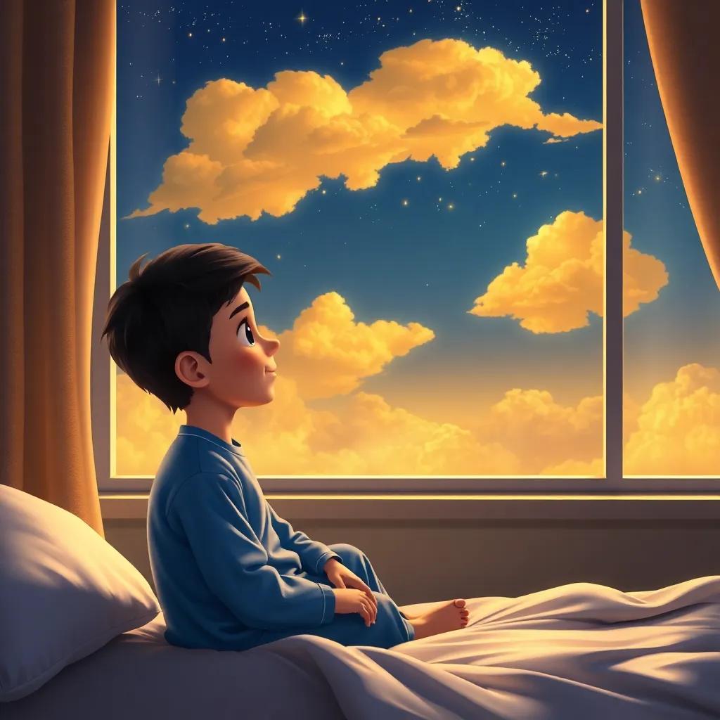 A young Arab boy, Sami, with short black hair, wearing a blue pajama, sitting on a bed looking out a window at golden clouds in the night sky, shining light, dreamlike atmosphere, magical scenery, detailed digital art, bright colors, inviting view, high quality