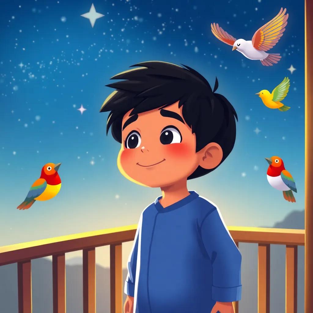 Sami, a young Arab boy with short black hair and a blue pajama, standing on a balcony under a starry sky, gazing in awe at singing birds with colorful feathers, warm and enchanting, joyful moment, illustration, vibrant colors, child-friendly, uplifting