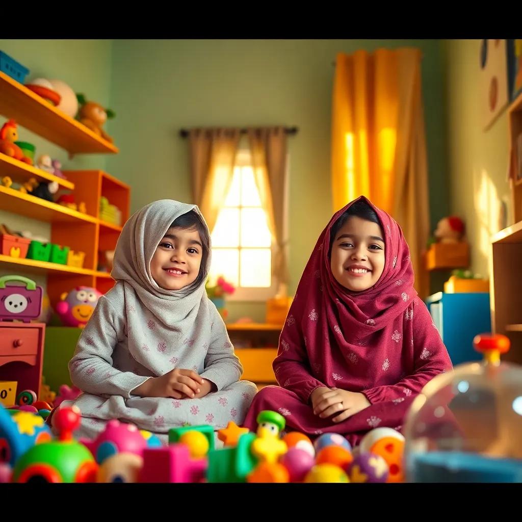 A happy scene of two Arabic girls, Laila and Yara, playing inside their colorful room filled with toys and sunlight streaming through the window, cheerful, playful atmosphere, warm light, vibrant colors, high quality