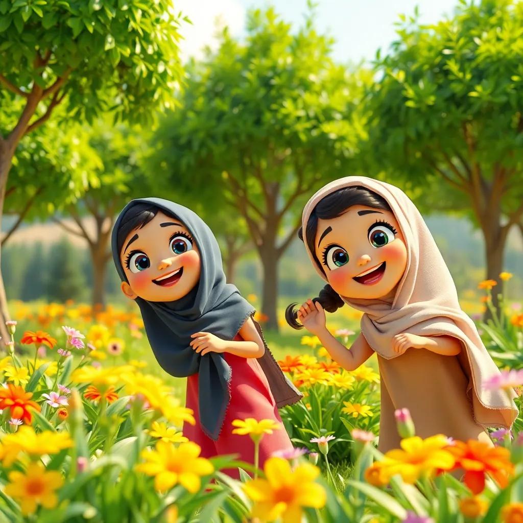 Two cheerful Arabic girls, Laila and Yara, joyfully exploring a sunny garden filled with green trees and colorful flowers, animated and vibrant, child-friendly, bright and inviting atmosphere, high quality