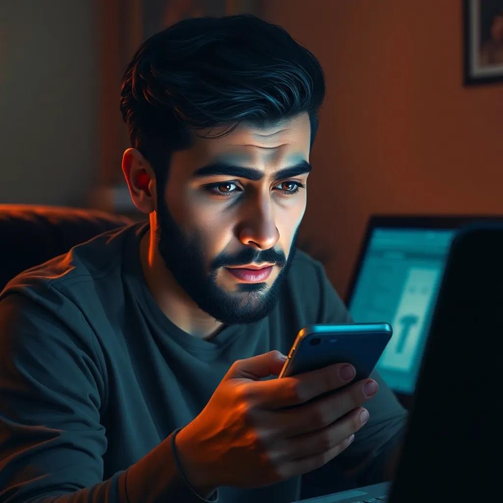 A young Arab man, Ahmad, in his thirties, sitting in a dimly lit room with a computer screen glowing, weariness on his face, holding his phone tightly, digital artwork, warm colors, soft light, emotional atmosphere, high quality