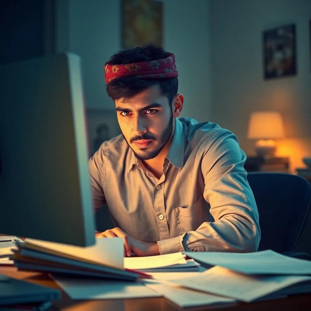 Ahmad, a young Arab man in his thirties, looking at his computer with a stressed expression, surrounded by papers and a glowing screen, reflecting on a tough decision, digital art, bright colors, tense mood, storytelling perspective, high quality
