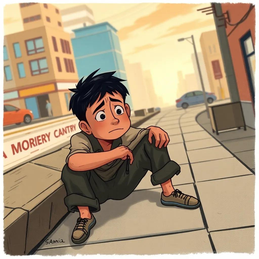 A worried man, Sami, with short dark hair and wearing tattered clothes, sitting on a sidewalk with a sad expression, surrounded by a cityscape, digital art, emotional, warm colors, high angle, heartfelt imagery