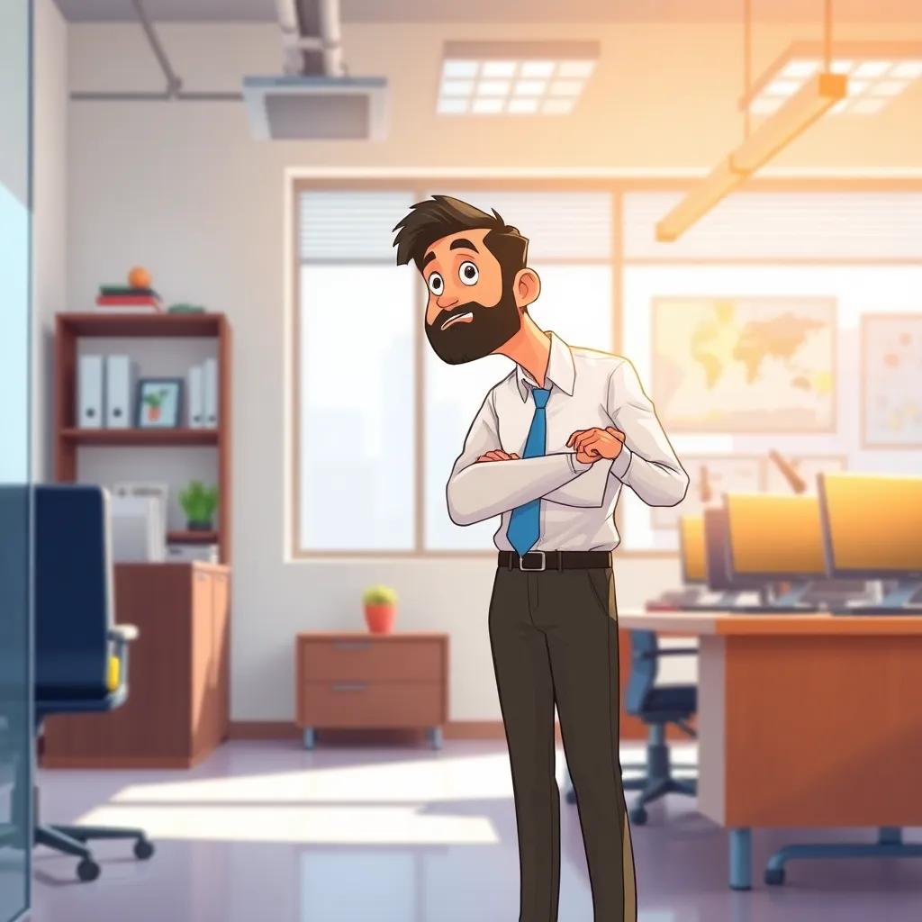 A determined man, Sami, in a smart shirt and pants, standing in an office with modern decor, looking surprised as he sees a colleague, digital art, bright light, vibrant colors, medium shot, uplifting atmosphere