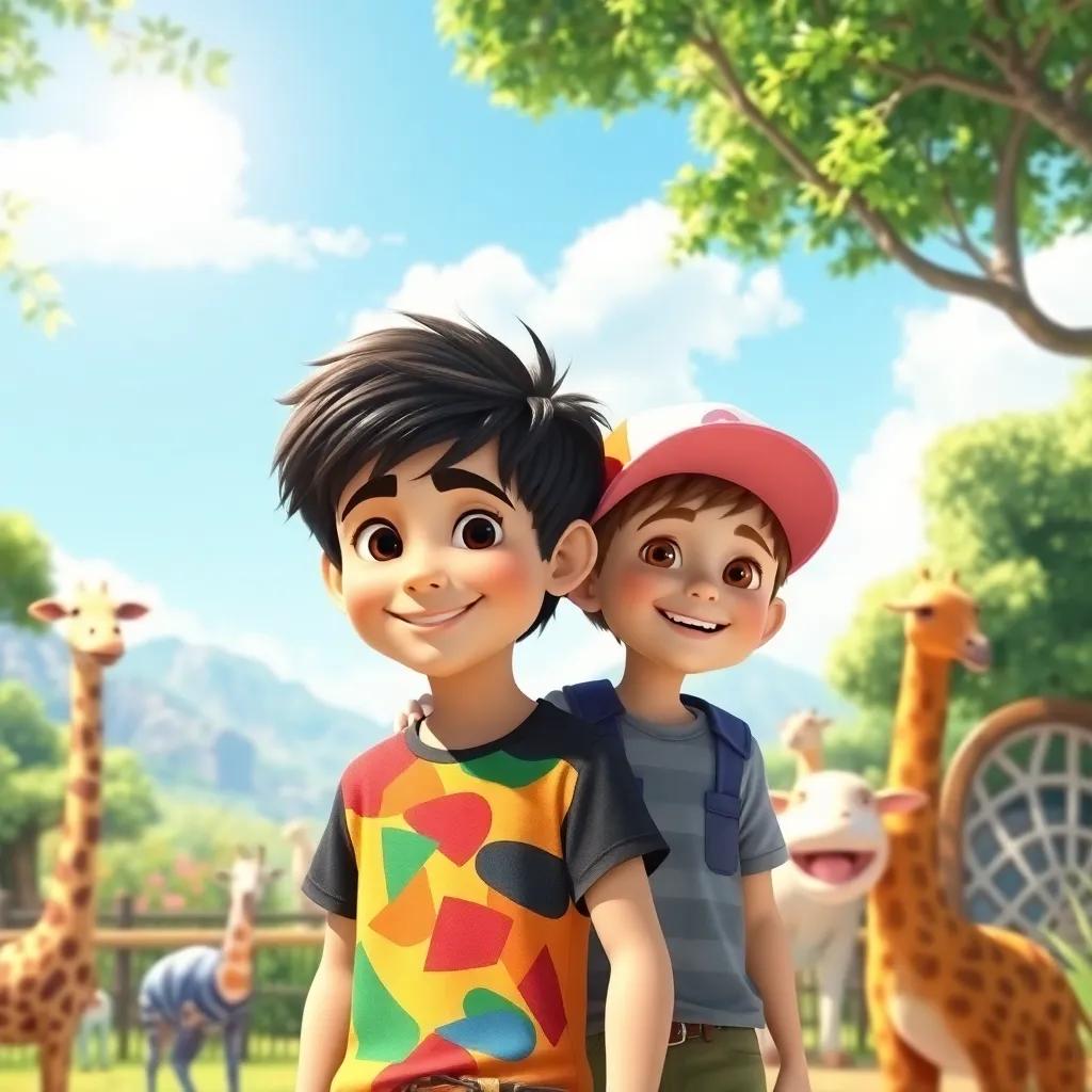 A sunny day at a zoo with two boys, Kanan and Adam, Kanan is a brave boy with dark hair wearing a colorful t-shirt, Adam is a younger boy with short hair wearing a bright cap, surrounded by animals and a beautiful landscape, digital art, bright colors, joyful atmosphere, high quality