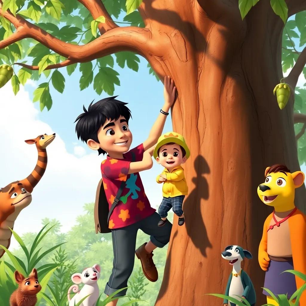 Kanan, a brave boy with dark hair in a colorful t-shirt, helping his younger brother Adam, who is wearing a bright cap, to come down from a tall tree, their parents watching with smiles, surrounded by various animals, vibrant colors, uplifting scene, high quality
