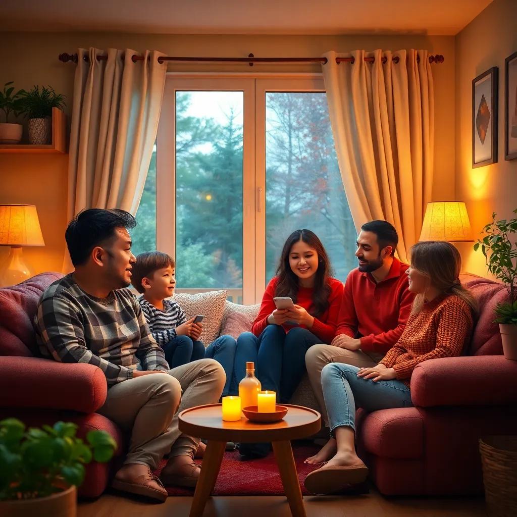 A family of four sitting in a cozy rented house, discussing plans to save money for their own home, warm lighting, cheerful atmosphere, digital art, vibrant colors, inviting scene, high quality
